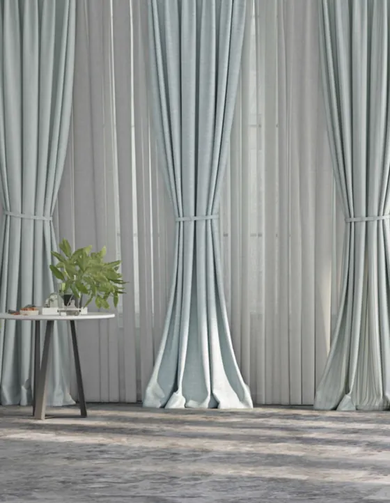 Pale aqua linen curtains with tiebacks