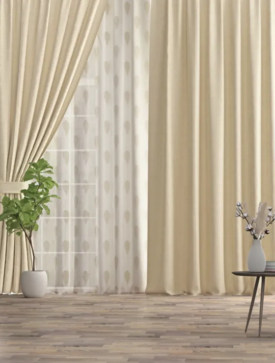 Cream linen curtain with leaf-motif sheer