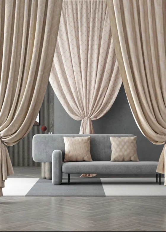 Beige drapes tied back with a trellis sheer